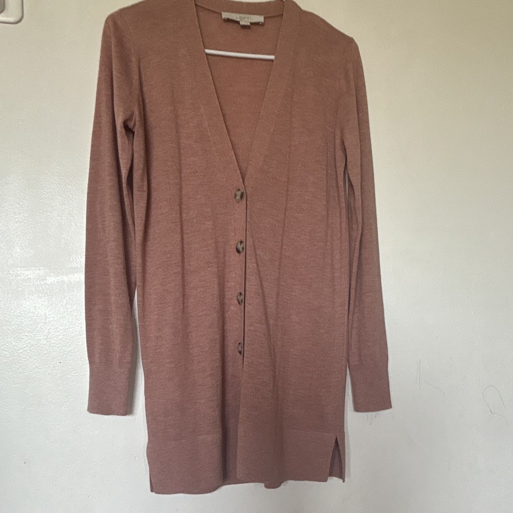 LOFT Women's XS Pink Solid Knit V-Neck Button Front Long Sleeve Cardigan